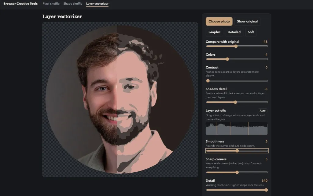 Layer vectorizer tool with photo compare slider and adjustment controls