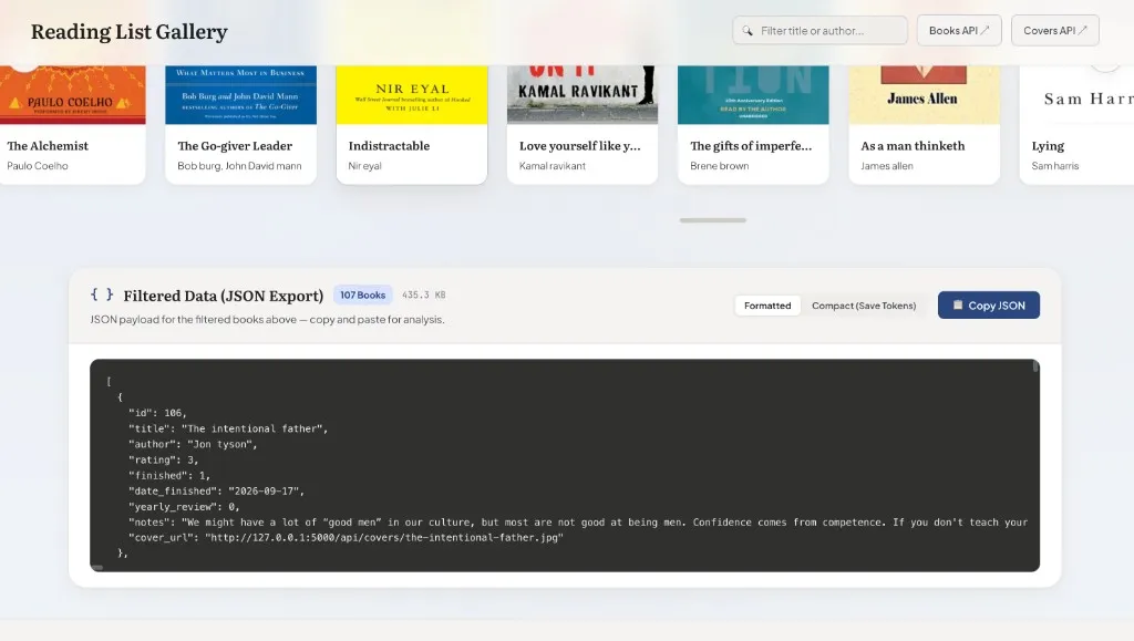 Reading list gallery with book covers, filters, and JSON export panel