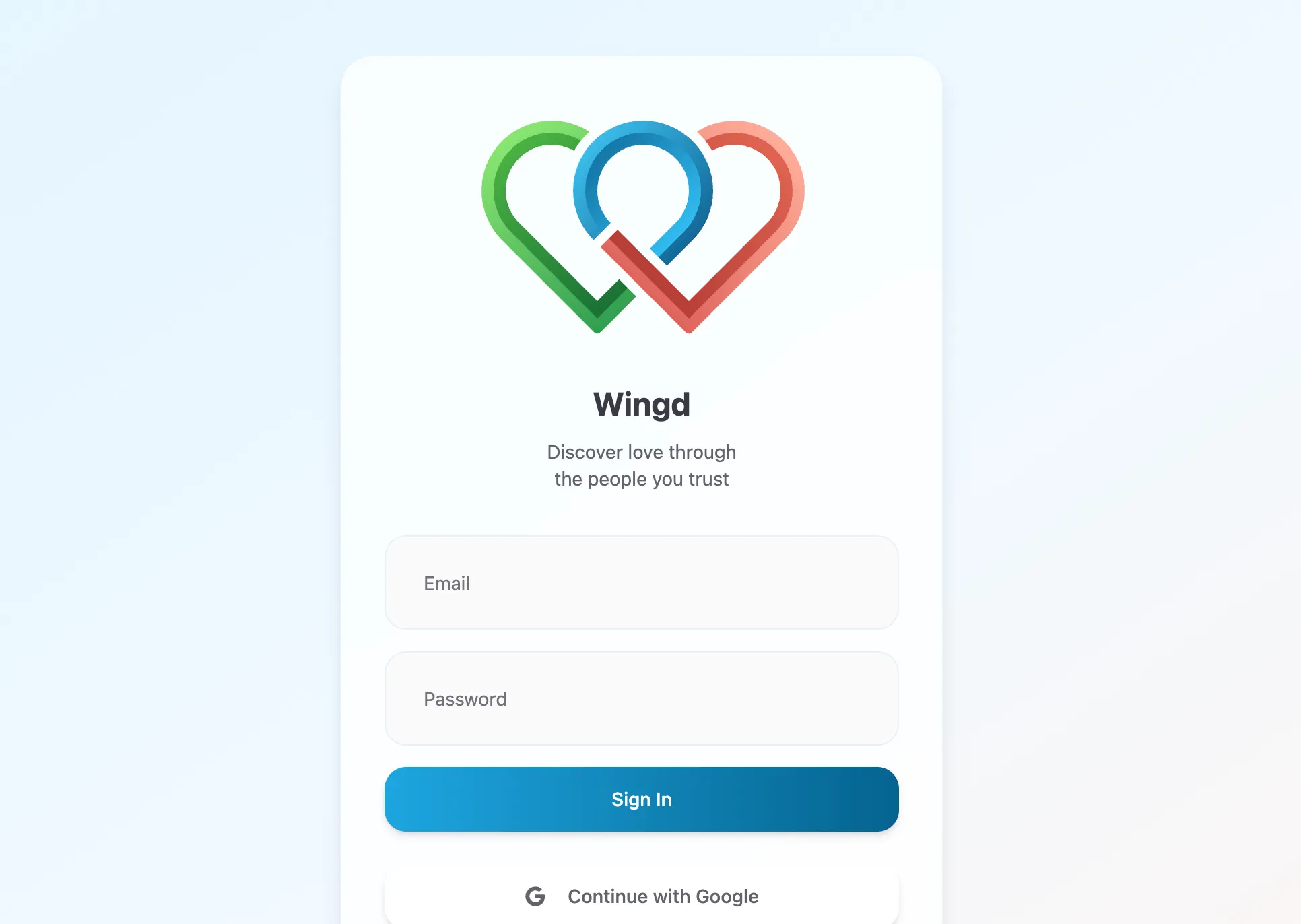 Wingd login screen for a referral-based dating prototype