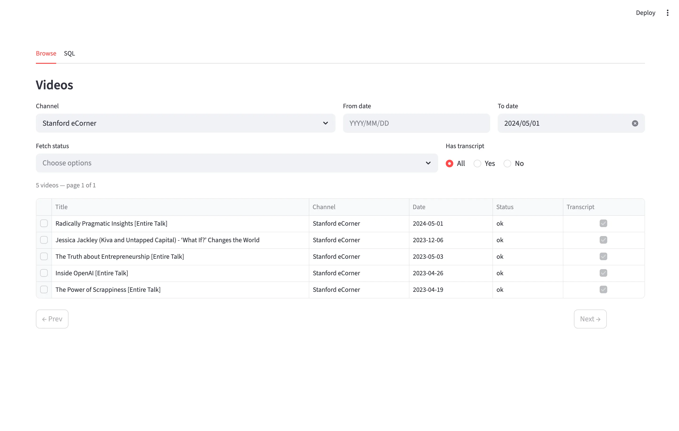 Data pipeline for YouTube transcript data